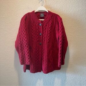 Aran Woollen Mills crimson red 100% merino wool fisherman knit cardigan, size L